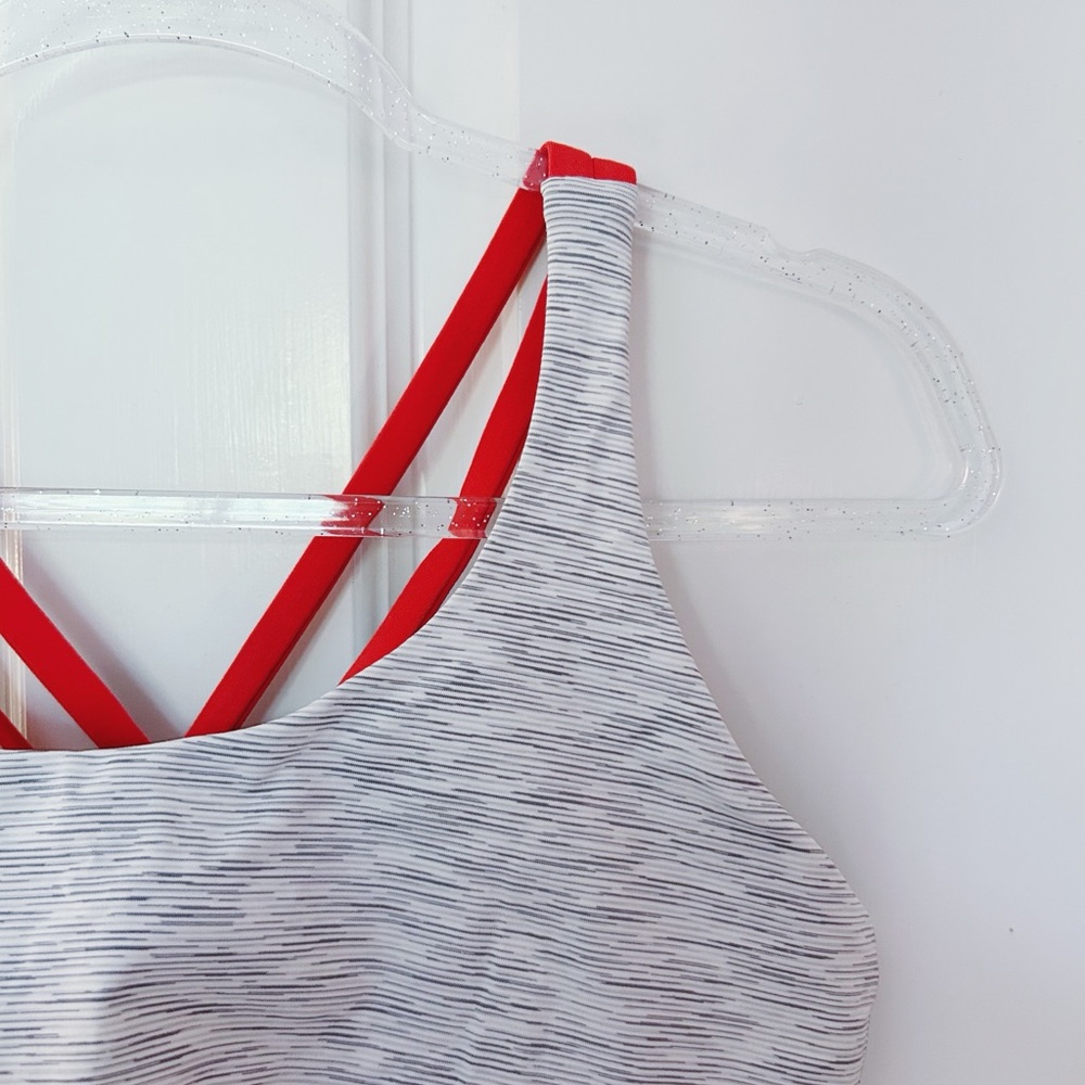 Lululemon Wee Are Space Nimbus Gray and Carnation Red Energy Sports Bra
